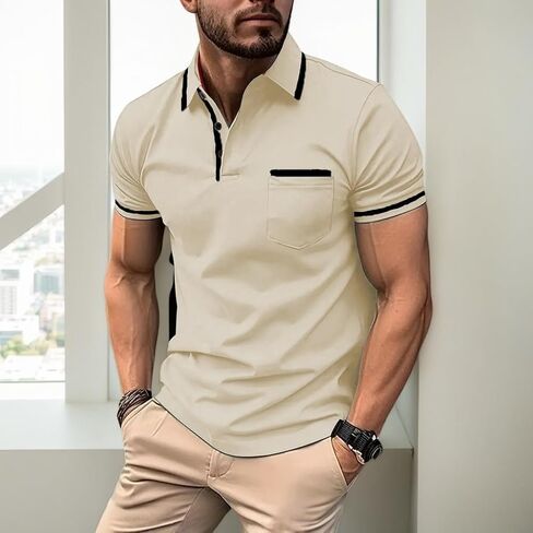 Men's Polo Shirts Short Sleeve Casual Athletic Polo T Shirt Color Block Slim Fit Golf Shirts with Pocket in Kuwait