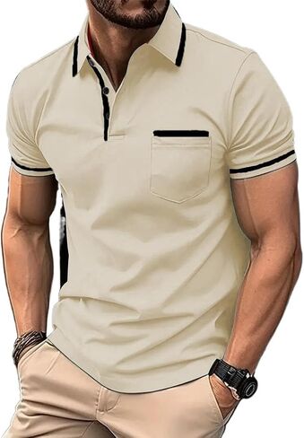 Men's Polo Shirts Short Sleeve Casual Athletic Polo T Shirt Color Block Slim Fit Golf Shirts with Pocket in Kuwait
