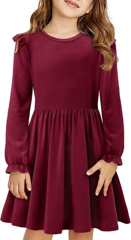 Yoklass Girls Long Sleeve Dress Casual A Line Ruffle Twirly Skater Dresses 4-13 Years in Kuwait