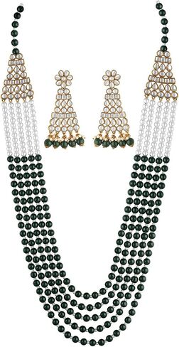 Aheli Princess Multistrand Kundan Pearl Long Necklace with Earrings Indian Traditional Bollywood Ethnic Wedding Bridal Jewelry Set Gift for Women in Saudi Arabia
