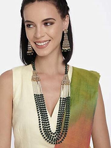 Aheli Princess Multistrand Kundan Pearl Long Necklace with Earrings Indian Traditional Bollywood Ethnic Wedding Bridal Jewelry Set Gift for Women in Saudi Arabia