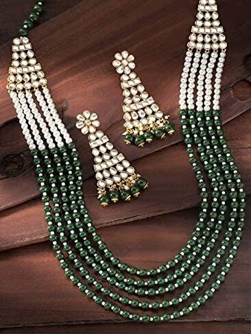 Aheli Princess Multistrand Kundan Pearl Long Necklace with Earrings Indian Traditional Bollywood Ethnic Wedding Bridal Jewelry Set Gift for Women in Saudi Arabia