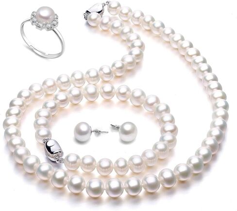 MASTOP Freshwater Cultured Pearl Necklace Ring Bracelets Earrings Set Includes Stunning Bracelet and Stud Earrings Jewelry for Women Pearl Jewelry 4pcs/Set Pearl in Saudi Arabia