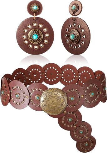 Women Western PU Leather Waist Earrings Set Bohemian Cowgirl Cowboy Disc Country Outfits in Saudi Arabia