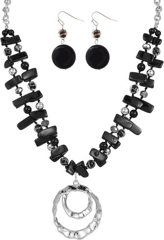 Elisheva Colorful Layered Irregular Shell Beaded Choker Necklace and Earrings Set, Bohemian Statement Pearl and Murano Glass Beads Chunky Necklace with Circle Pendant, Trendy Vintage Style Costume Jewelry set for Women in Saudi Arabia