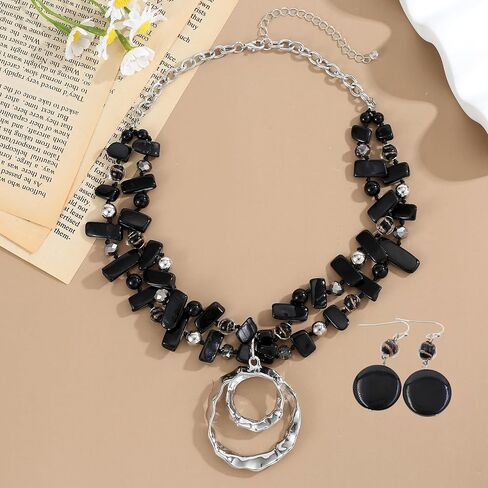 Elisheva Colorful Layered Irregular Shell Beaded Choker Necklace and Earrings Set, Bohemian Statement Pearl and Murano Glass Beads Chunky Necklace with Circle Pendant, Trendy Vintage Style Costume Jewelry set for Women in Saudi Arabia