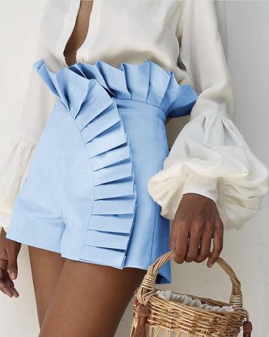 Womens Fashion Ruffle Hem High Waist Shorts Solid Color Ruched Detail Casual Trendy Lounge Party Outdoor Shorts in Saudi Arabia