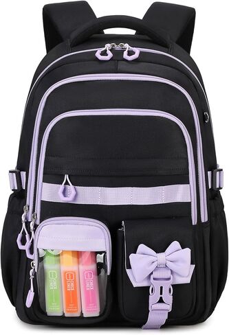 حقيبة ظهر للفتيات، حقيبة كتب بجيوب متعددة للمدرسة المتوسطة والابتدائية، حقيبة ظهر للأطفال Kawaii ذات سعة كبيرة للفتيات (أسود أرجواني) in Kuwait