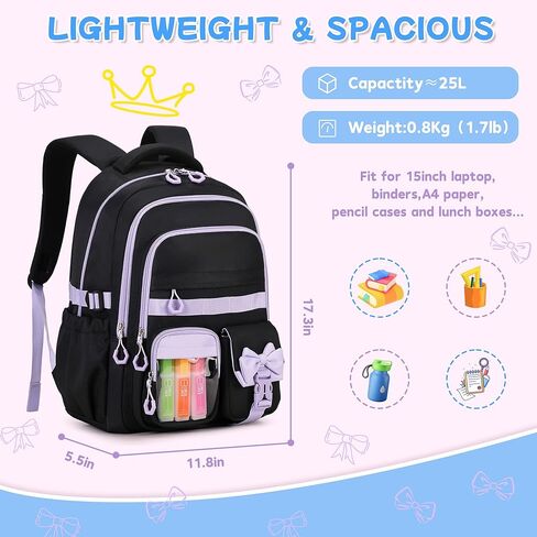 حقيبة ظهر للفتيات، حقيبة كتب بجيوب متعددة للمدرسة المتوسطة والابتدائية، حقيبة ظهر للأطفال Kawaii ذات سعة كبيرة للفتيات (أسود أرجواني) in Kuwait