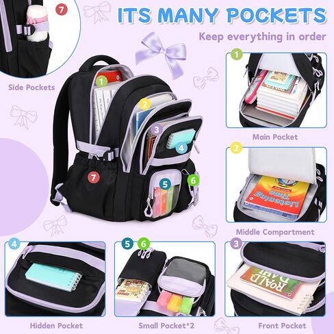 حقيبة ظهر للفتيات، حقيبة كتب بجيوب متعددة للمدرسة المتوسطة والابتدائية، حقيبة ظهر للأطفال Kawaii ذات سعة كبيرة للفتيات (أسود أرجواني) in Kuwait