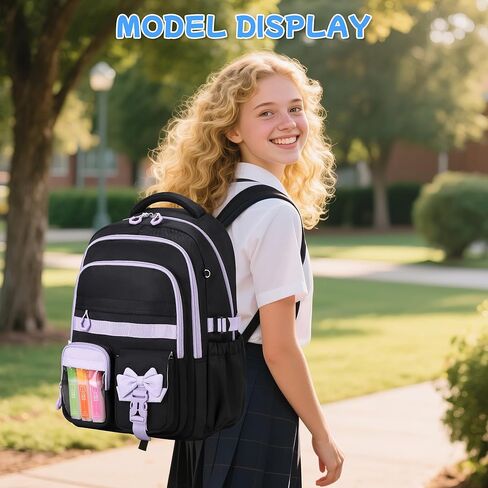 حقيبة ظهر للفتيات، حقيبة كتب بجيوب متعددة للمدرسة المتوسطة والابتدائية، حقيبة ظهر للأطفال Kawaii ذات سعة كبيرة للفتيات (أسود أرجواني) in Kuwait