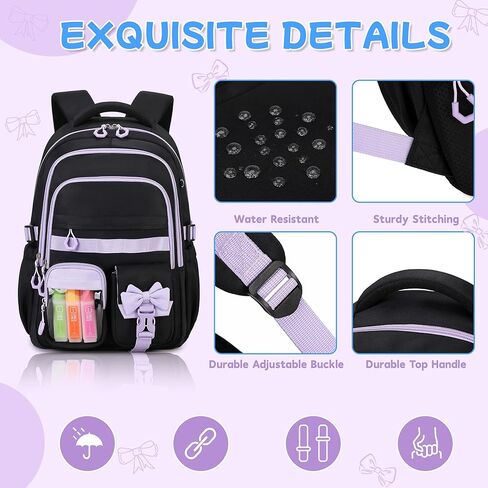 حقيبة ظهر للفتيات، حقيبة كتب بجيوب متعددة للمدرسة المتوسطة والابتدائية، حقيبة ظهر للأطفال Kawaii ذات سعة كبيرة للفتيات (أسود أرجواني) in Kuwait
