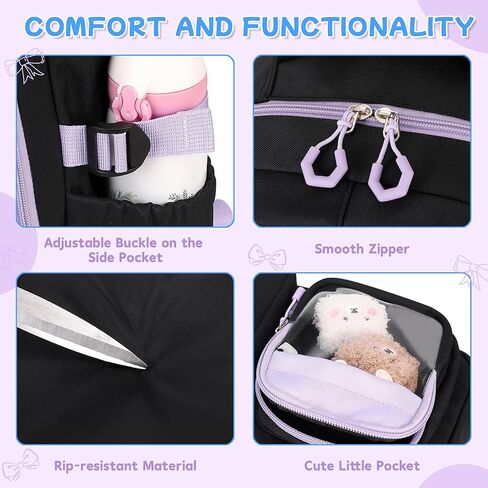 حقيبة ظهر للفتيات، حقيبة كتب بجيوب متعددة للمدرسة المتوسطة والابتدائية، حقيبة ظهر للأطفال Kawaii ذات سعة كبيرة للفتيات (أسود أرجواني) in Kuwait