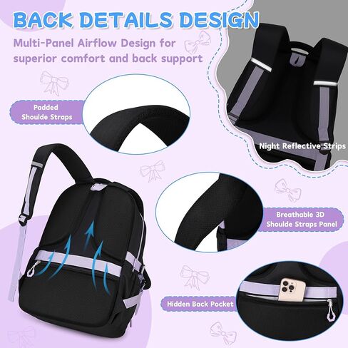 حقيبة ظهر للفتيات، حقيبة كتب بجيوب متعددة للمدرسة المتوسطة والابتدائية، حقيبة ظهر للأطفال Kawaii ذات سعة كبيرة للفتيات (أسود أرجواني) in Kuwait