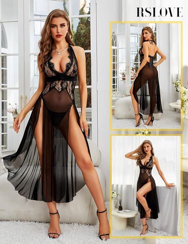 Women's Sexy Lingerie Lace Babydoll Sleepwear Mesh Chemise Deep V Neck Nightdress Side Slits Nightgowns in Saudi Arabia