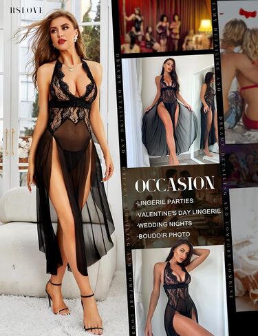 Women's Sexy Lingerie Lace Babydoll Sleepwear Mesh Chemise Deep V Neck Nightdress Side Slits Nightgowns in Saudi Arabia