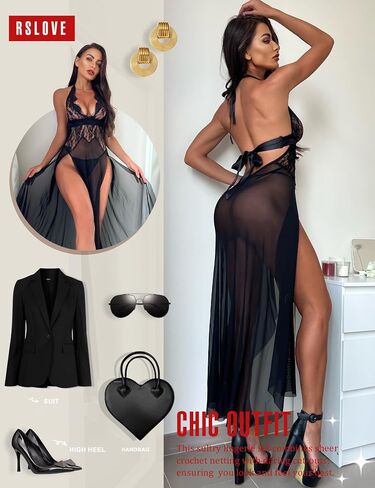 Women's Sexy Lingerie Lace Babydoll Sleepwear Mesh Chemise Deep V Neck Nightdress Side Slits Nightgowns in Saudi Arabia