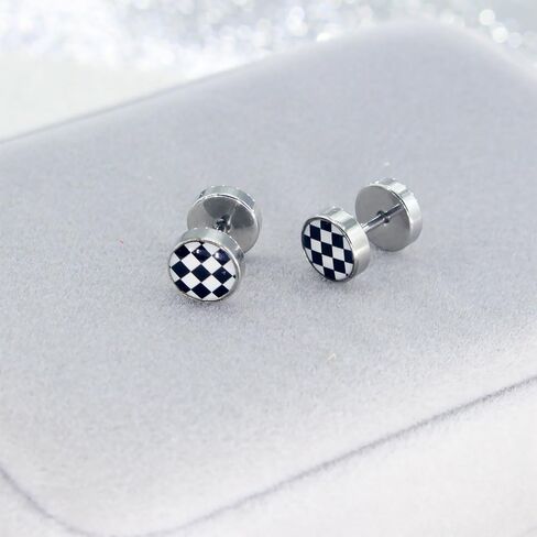 Unique 16G Checker Flat Screw Back Cartilage Small Stud Earrings for Men Women Punk Stainless Steel Black White Barbell Tiny Tragus Piercing Sleeper Studs Fashion Hypoallergenic Jewelry in Saudi Arabia