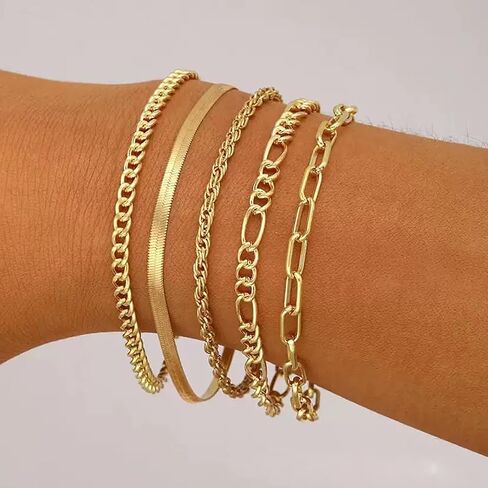 Gold Bracelets for Women, Adjustable 14K Gold Plated Dainty Thin Stackable Link Chain Pack Layered Jewelry in Saudi Arabia