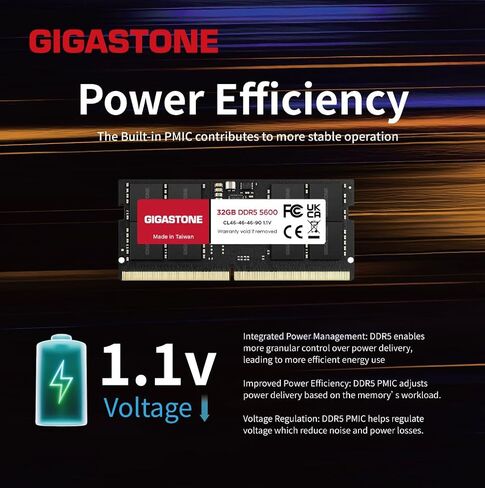 【ذاكرة الوصول العشوائي DDR5】 مجموعة GIGASTONE 32 جيجابايت (2 × 16 جيجابايت) DDR5 4800 ميجاهرتز PC5-38400 CL 40-40-40-77 1.1 فولت SODIMM 262 Pin غير مخزنة وغير ECC ترقية ذاكرة الكمبيوتر المحمول عالية الأداء in Saudi Arabia