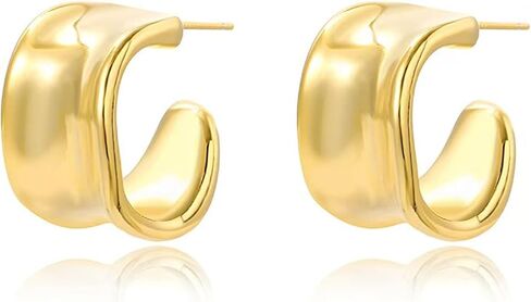 Chunky Silver Earrings 14K Gold Plated Geometric Dangle Earrings for Woman, Trendy Simple Silver Hypoallergenic Small Hoop C Shape Stud Earrings Jewelry in Kuwait