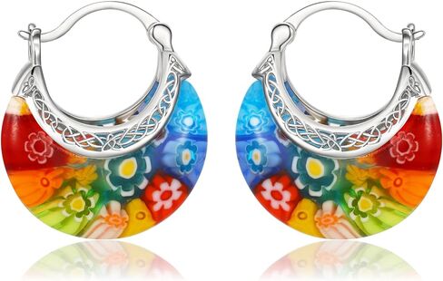 Crysdue Murano Style Glass Colorful Hoop Earrings, Trendy Daisy Artistic Boho Multicolor Earring Millefiori Flower Jewelry for Women Summer Beach in Saudi Arabia