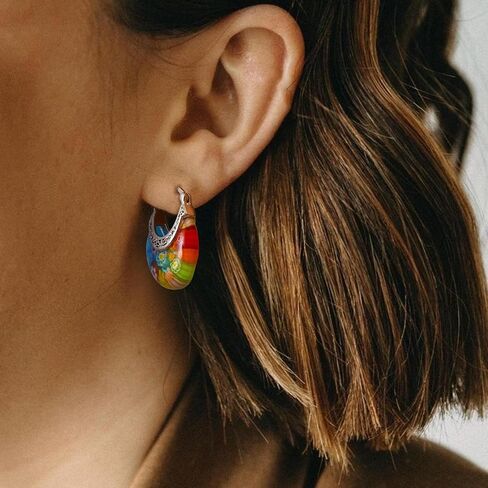 Crysdue Murano Style Glass Colorful Hoop Earrings, Trendy Daisy Artistic Boho Multicolor Earring Millefiori Flower Jewelry for Women Summer Beach in Saudi Arabia