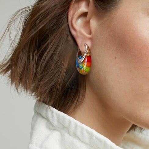Crysdue Murano Style Glass Colorful Hoop Earrings, Trendy Daisy Artistic Boho Multicolor Earring Millefiori Flower Jewelry for Women Summer Beach in Saudi Arabia