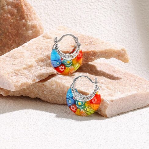 Crysdue Murano Style Glass Colorful Hoop Earrings, Trendy Daisy Artistic Boho Multicolor Earring Millefiori Flower Jewelry for Women Summer Beach in Saudi Arabia