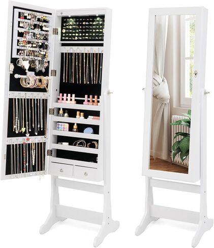 GOFLAME Jewelry Armoire Cabinet, Standing Lockable Full Length Mirror with Storage Shelves and 2 Drawers, Adjustable Tilt Angles, Built-in LED Lights, Stand Up Jewelry Box with Lighted Mirror (Brown) in Saudi Arabia