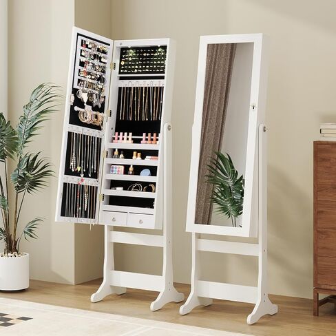 GOFLAME Jewelry Armoire Cabinet, Standing Lockable Full Length Mirror with Storage Shelves and 2 Drawers, Adjustable Tilt Angles, Built-in LED Lights, Stand Up Jewelry Box with Lighted Mirror (Brown) in Saudi Arabia