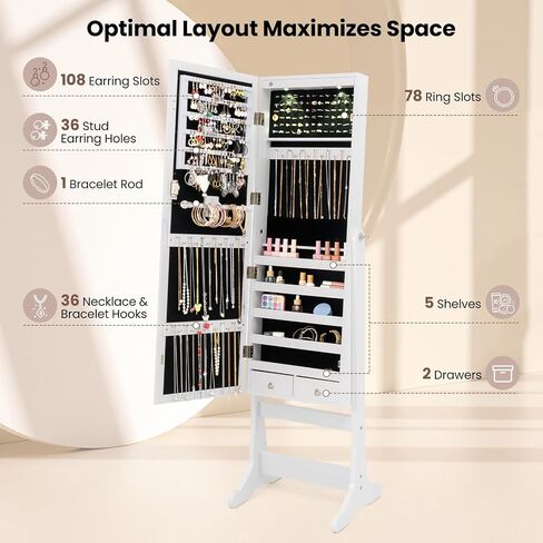 GOFLAME Jewelry Armoire Cabinet, Standing Lockable Full Length Mirror with Storage Shelves and 2 Drawers, Adjustable Tilt Angles, Built-in LED Lights, Stand Up Jewelry Box with Lighted Mirror (Brown) in Saudi Arabia