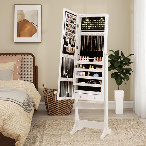 GOFLAME Jewelry Armoire Cabinet, Standing Lockable Full Length Mirror with Storage Shelves and 2 Drawers, Adjustable Tilt Angles, Built-in LED Lights, Stand Up Jewelry Box with Lighted Mirror (Brown) in Saudi Arabia