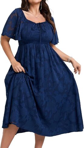 SCOMCHIC Women's Plus Size Formal Dresses Square Neck Short Sleeve Lace Floral Smocked Flowy Long Maxi Wedding Guest Dress in Saudi Arabia