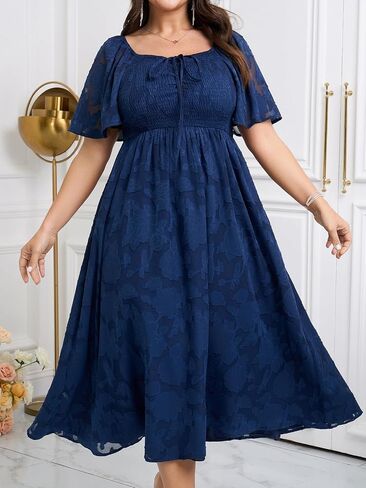 SCOMCHIC Women's Plus Size Formal Dresses Square Neck Short Sleeve Lace Floral Smocked Flowy Long Maxi Wedding Guest Dress in Saudi Arabia