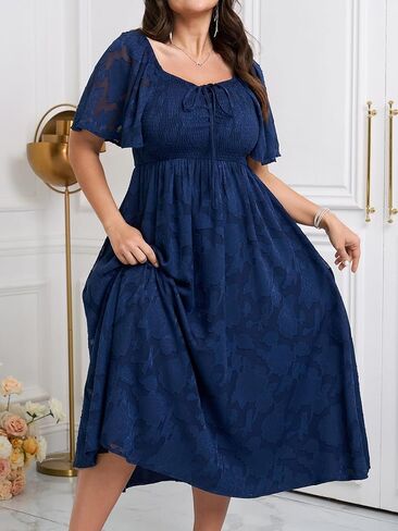 SCOMCHIC Women's Plus Size Formal Dresses Square Neck Short Sleeve Lace Floral Smocked Flowy Long Maxi Wedding Guest Dress in Saudi Arabia