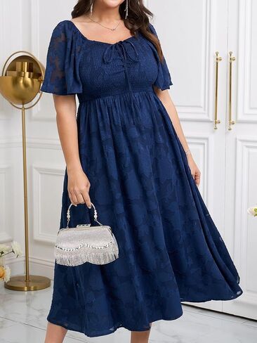 SCOMCHIC Women's Plus Size Formal Dresses Square Neck Short Sleeve Lace Floral Smocked Flowy Long Maxi Wedding Guest Dress in Saudi Arabia