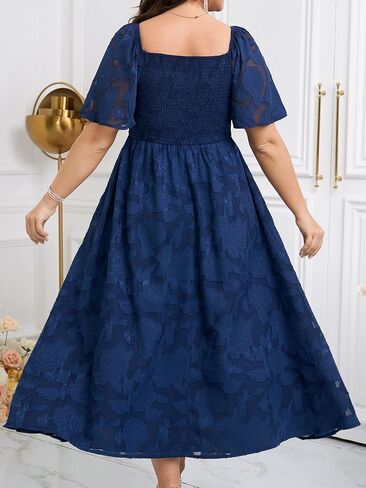 SCOMCHIC Women's Plus Size Formal Dresses Square Neck Short Sleeve Lace Floral Smocked Flowy Long Maxi Wedding Guest Dress in Saudi Arabia