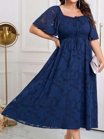 SCOMCHIC Women's Plus Size Formal Dresses Square Neck Short Sleeve Lace Floral Smocked Flowy Long Maxi Wedding Guest Dress in Saudi Arabia