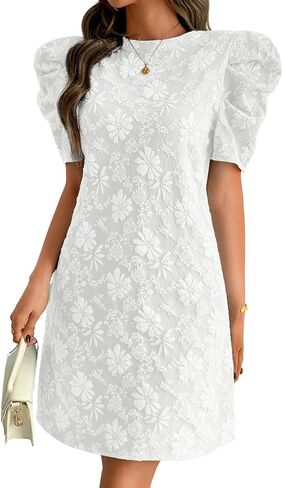 Women's Elegant Floral Jacquard Dress, Puff Sleeve Lightweight Shift Mini Dresses for Summer Casual in Saudi Arabia