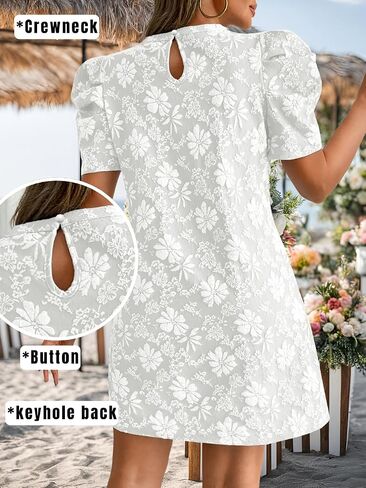 Women's Elegant Floral Jacquard Dress, Puff Sleeve Lightweight Shift Mini Dresses for Summer Casual in Saudi Arabia