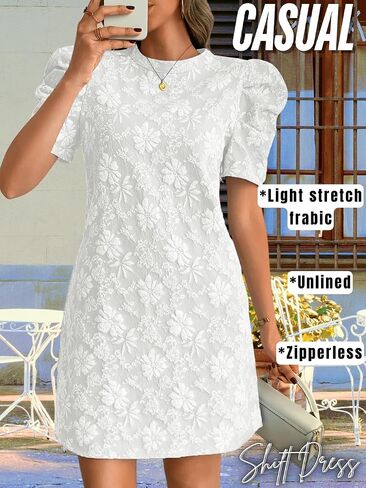 Women's Elegant Floral Jacquard Dress, Puff Sleeve Lightweight Shift Mini Dresses for Summer Casual in Saudi Arabia