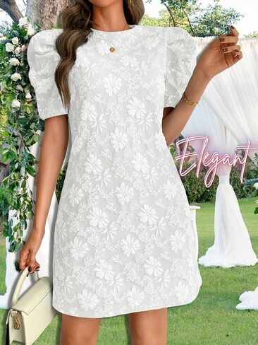 Women's Elegant Floral Jacquard Dress, Puff Sleeve Lightweight Shift Mini Dresses for Summer Casual in Saudi Arabia