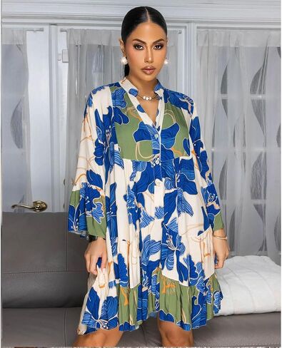Knowfashionstyle فساتين حريمي 2025 صيف بوهو فستان زهري بأزرار تونك رقبة على شكل V فستان غير رسمي كم طويل فستان فضفاض فضفاض in Kuwait