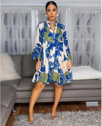 Knowfashionstyle فساتين حريمي 2025 صيف بوهو فستان زهري بأزرار تونك رقبة على شكل V فستان غير رسمي كم طويل فستان فضفاض فضفاض in Kuwait