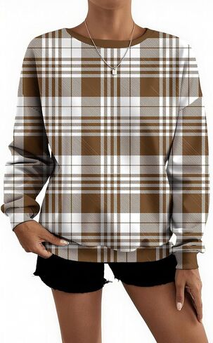 Women's Plaid Crewneck Sweatshirt Long Sleeve Fall Graphic Pullover Top Lightweight Casual Soft Fleece Jumper in Saudi Arabia