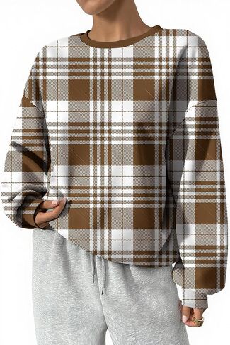 Women's Plaid Crewneck Sweatshirt Long Sleeve Fall Graphic Pullover Top Lightweight Casual Soft Fleece Jumper in Saudi Arabia