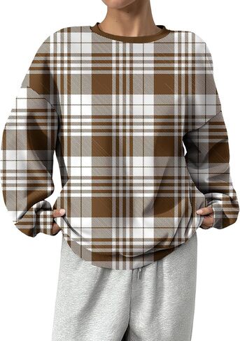 Women's Plaid Crewneck Sweatshirt Long Sleeve Fall Graphic Pullover Top Lightweight Casual Soft Fleece Jumper in Saudi Arabia