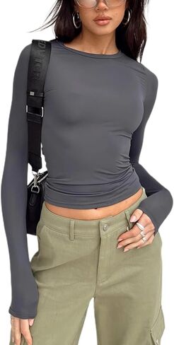 Women's Long Sleeve Shirts Slim Fit Going Out Crop Tops Casual Solid Color Crew Neck Tee Tight Streetwear in Saudi Arabia