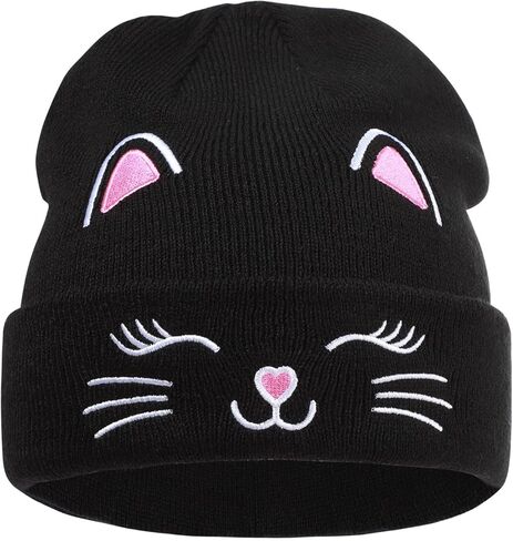 Kids Girls Cat Embroidery Beanies Winter Warm Knitted Hats Skull Cap for Ages 7-12 Years in Kuwait